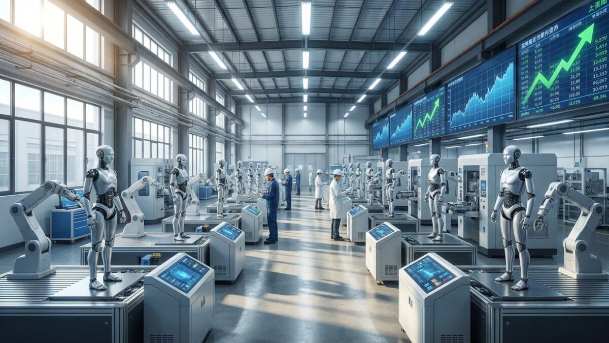 Humanoid robots in advanced manufacturing facility with market data displays