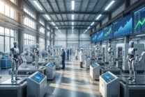 Humanoid robots in advanced manufacturing facility with market data displays