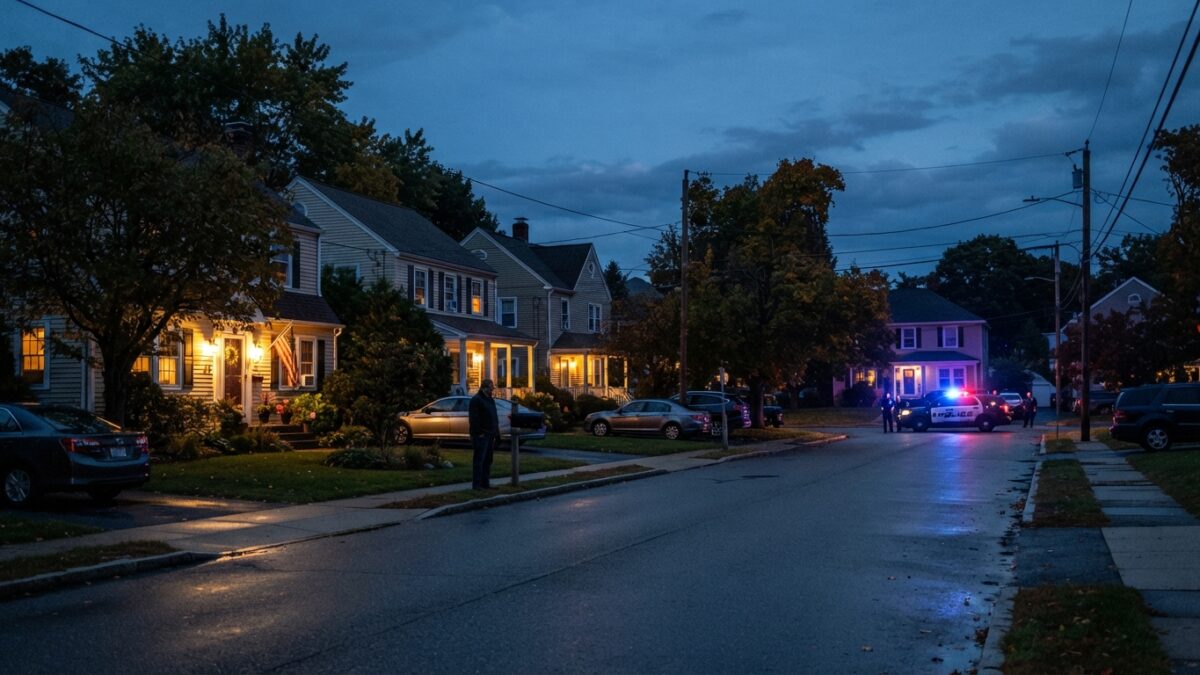 Suburban residential street with house numbers and front doors visible at evening time