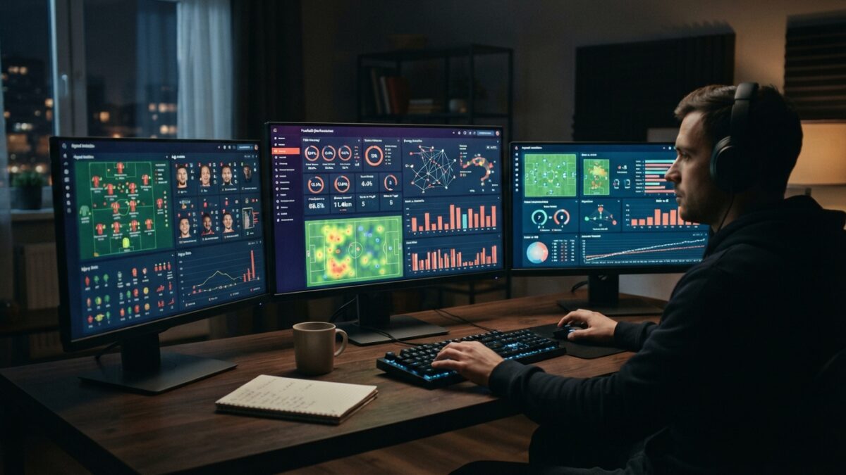 Computer monitors showing sports analytics data and statistical charts for football performance predictions