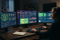 Computer monitors showing sports analytics data and statistical charts for football performance predictions