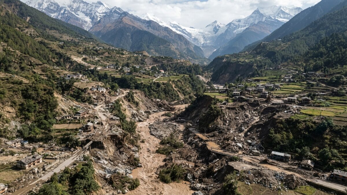 Himalayan valley showing flood damage from glacial lake outburst in Nepal-Tibet border region