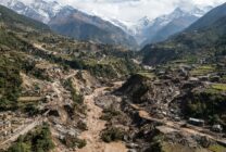 Himalayan valley showing flood damage from glacial lake outburst in Nepal-Tibet border region