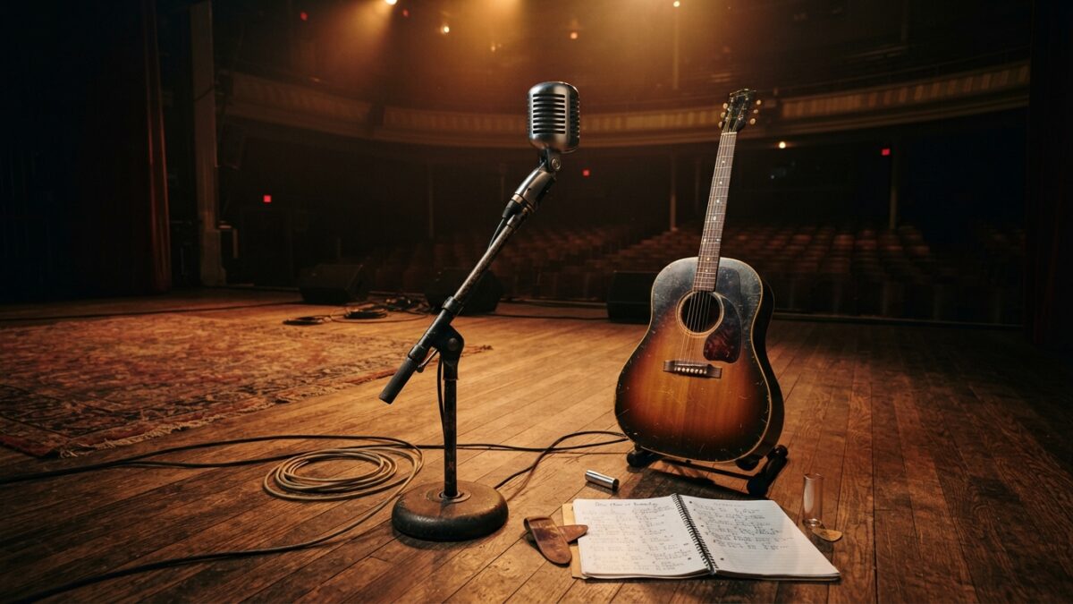 Vintage microphone and acoustic guitar on stage with warm lighting symbolizing country music legacy