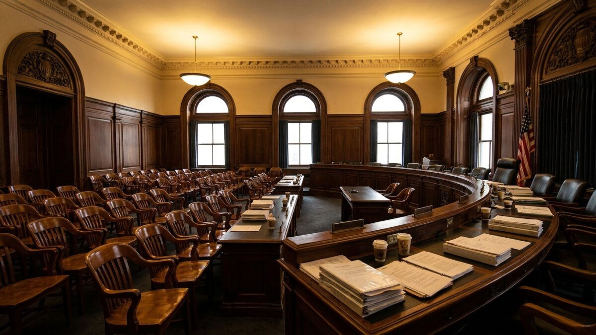 Empty congressional committee hearing room with wooden furniture and official government setting