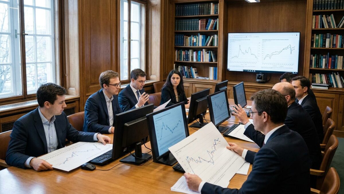 Economists reviewing economic data and charts in a professional conference room setting