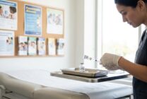 Healthcare worker preparing measles vaccine in medical office setting
