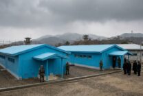 Joint Security Area at the Korean Demilitarized Zone showing conference buildings and security barriers