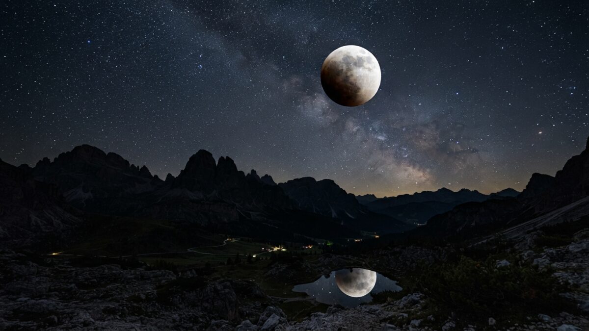 Partial lunar eclipse showing Moon with dark shadow covering portion of its surface against starry night sky