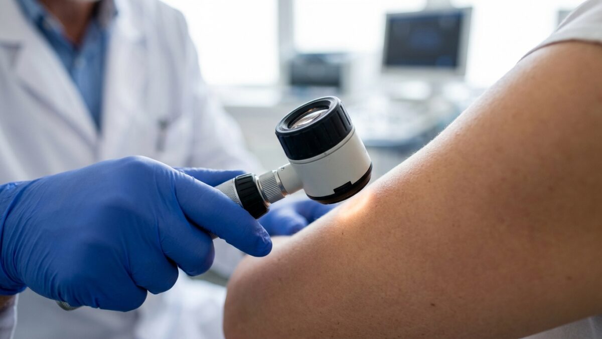 Medical professional examining skin with dermatoscope during clinical skin cancer screening
