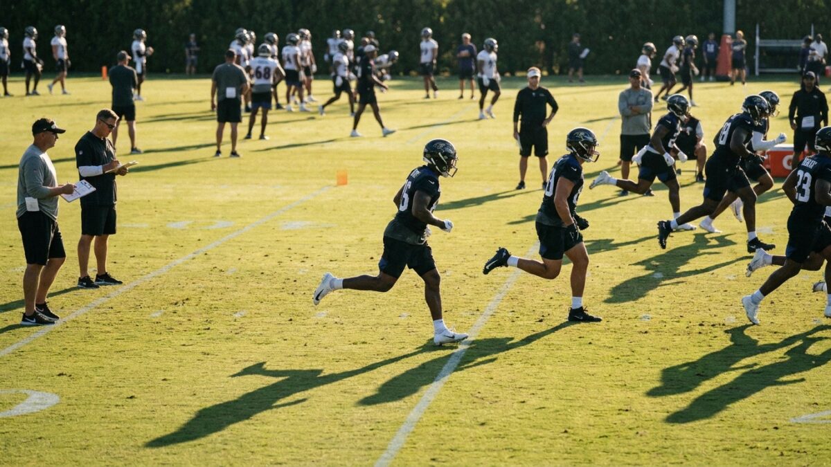 Football players practicing on training field during preseason evaluation period