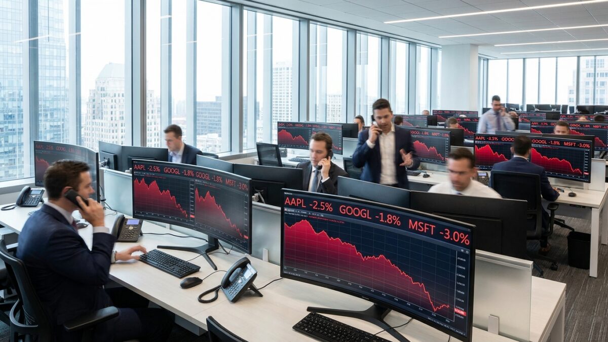 Financial trading screens showing declining stock market charts and data