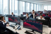 Financial trading screens showing declining stock market charts and data