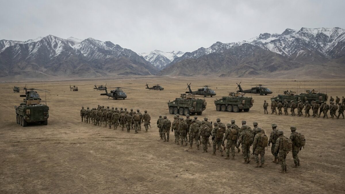 Military training exercise with helicopters and armored vehicles on field with mountain backdrop