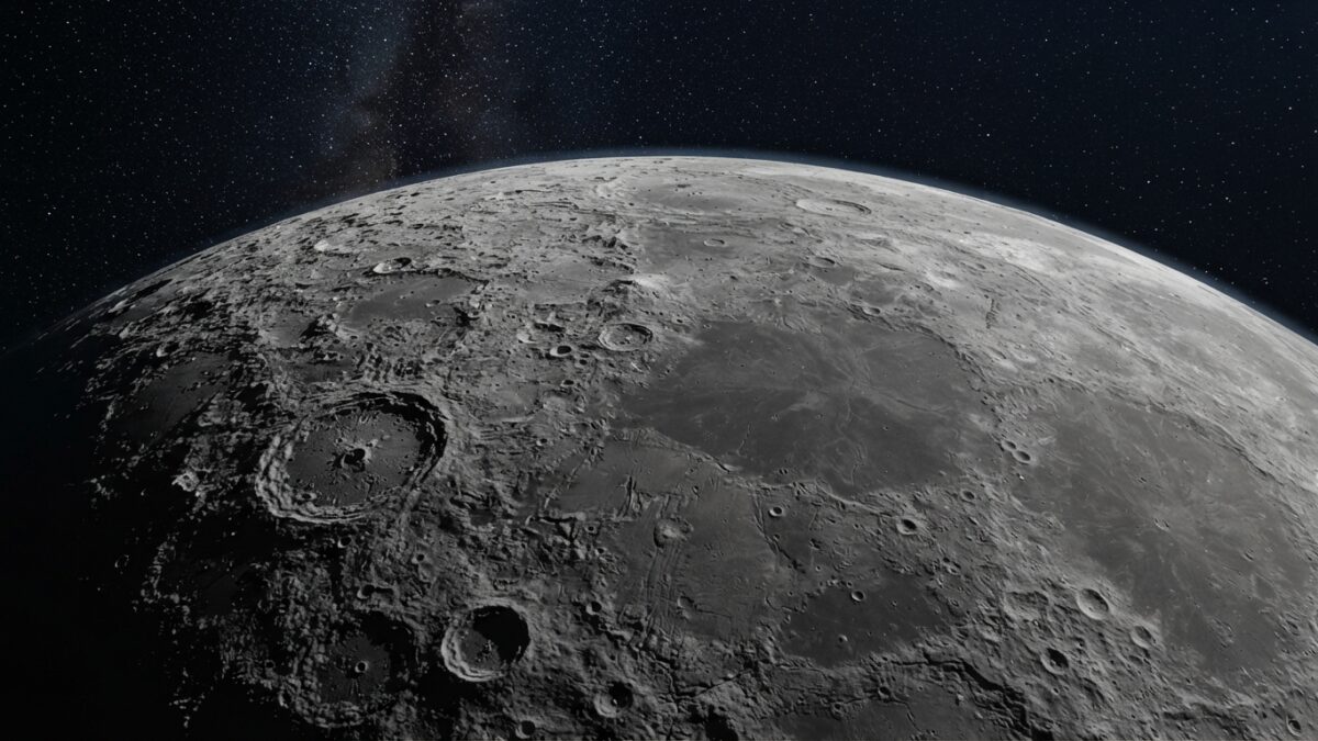 Mercury's cratered surface photographed from orbit showing geological features