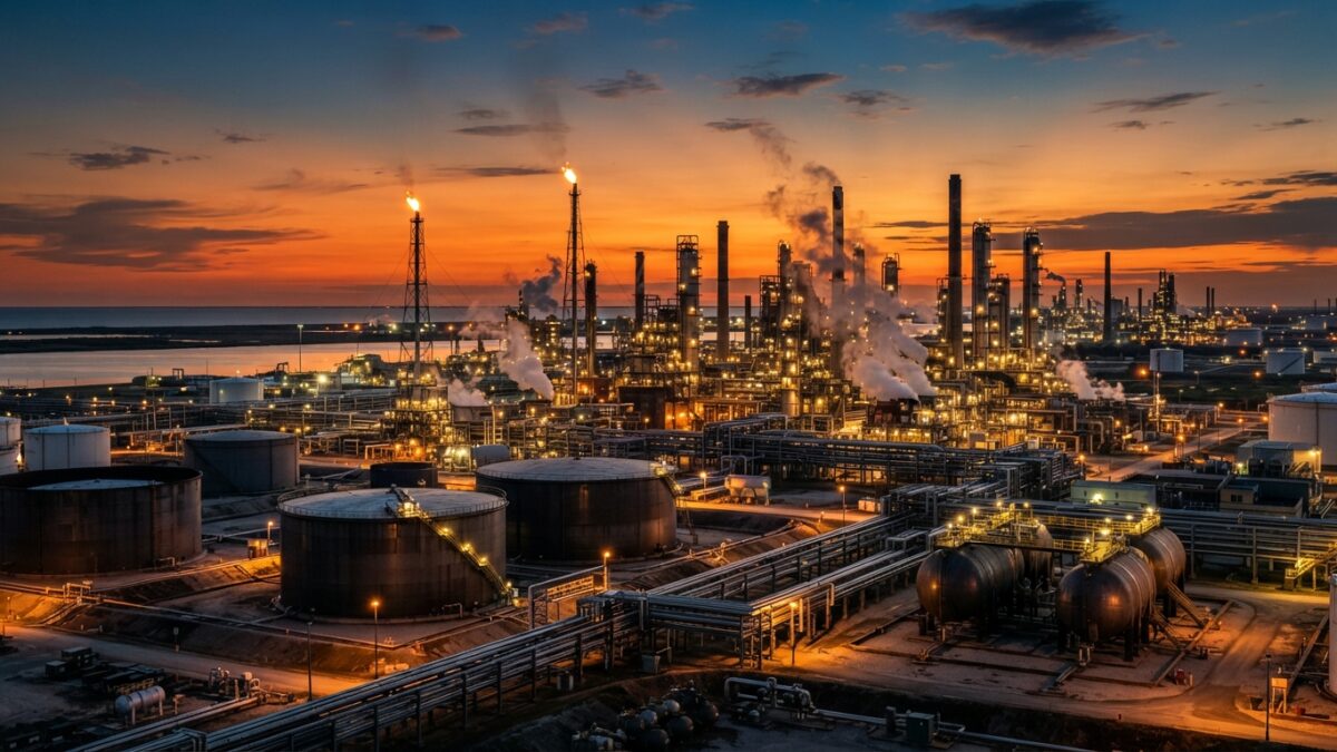Oil refinery facility at sunset showing industrial petroleum processing infrastructure