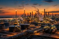 Oil refinery facility at sunset showing industrial petroleum processing infrastructure