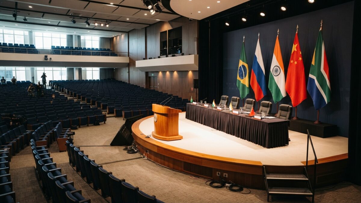 Conference hall prepared for BRICS summit with member nation flags displayed on stage