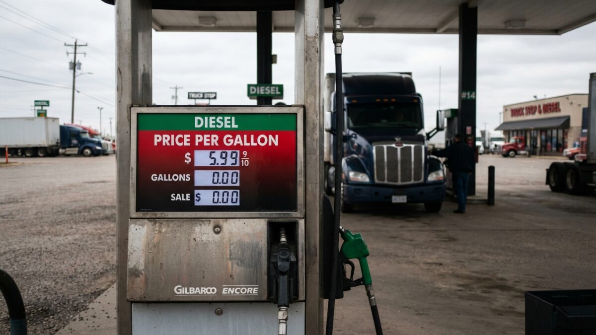 Diesel fuel pump display showing prices approaching six dollars per gallon with truck in background