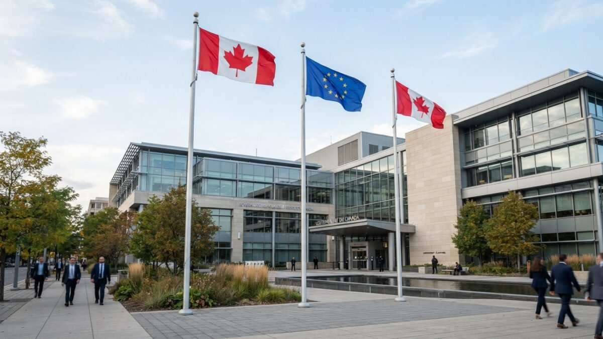 Canadian and European Union flags displayed together outside institutional building