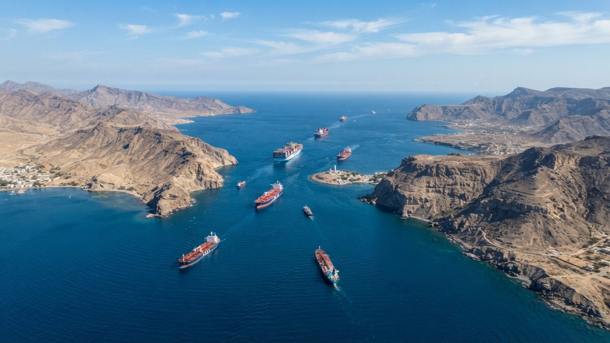 Aerial view of the Bab el-Mandeb Strait with commercial shipping traffic
