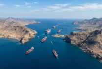 Aerial view of the Bab el-Mandeb Strait with commercial shipping traffic