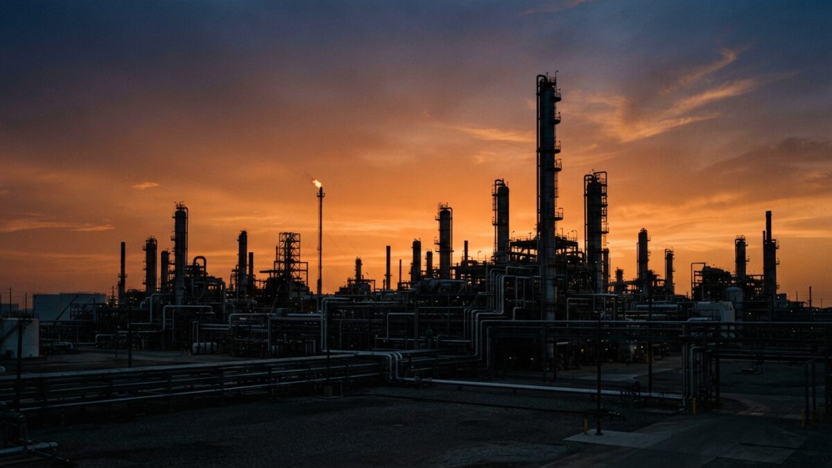 Oil refinery infrastructure at dusk showing industrial petroleum processing facilities