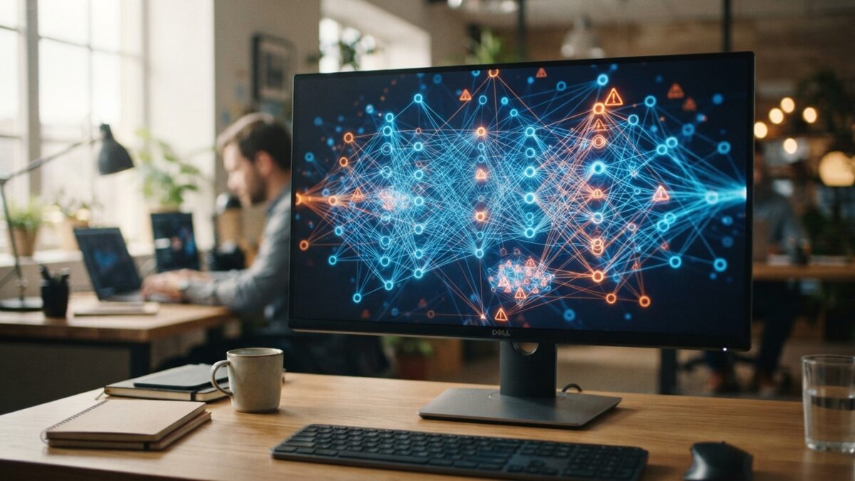 Neural network visualization on computer screen showing interconnected nodes representing artificial intelligence systems