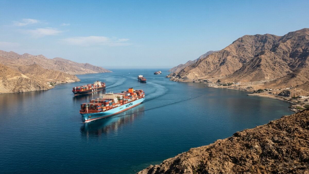 Container ships passing through a strategic maritime corridor with desert coastline in background