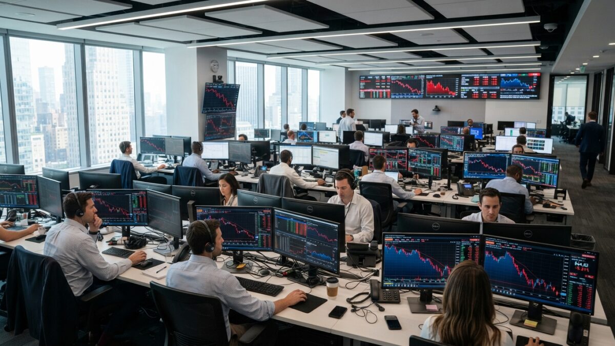 Trading floor screens showing declining stock futures and rising oil prices