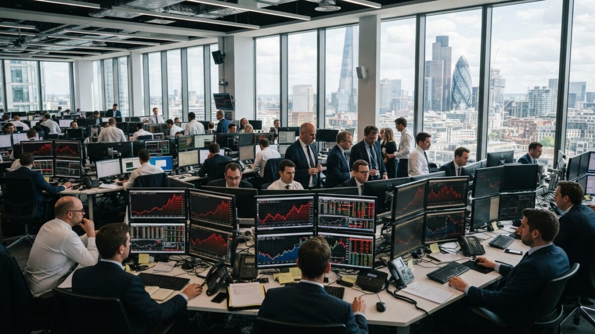 Financial trading floor with screens showing rising bond yields and market data