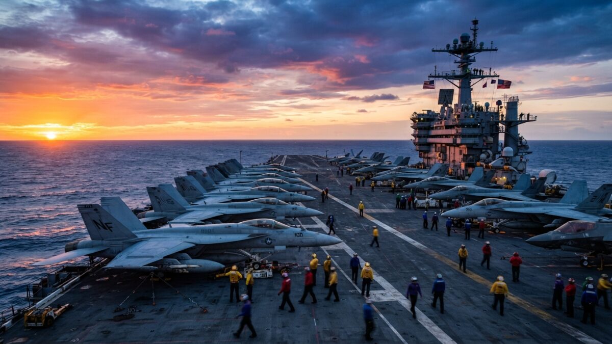 U.S. aircraft carrier flight deck with military jets during operations at sea