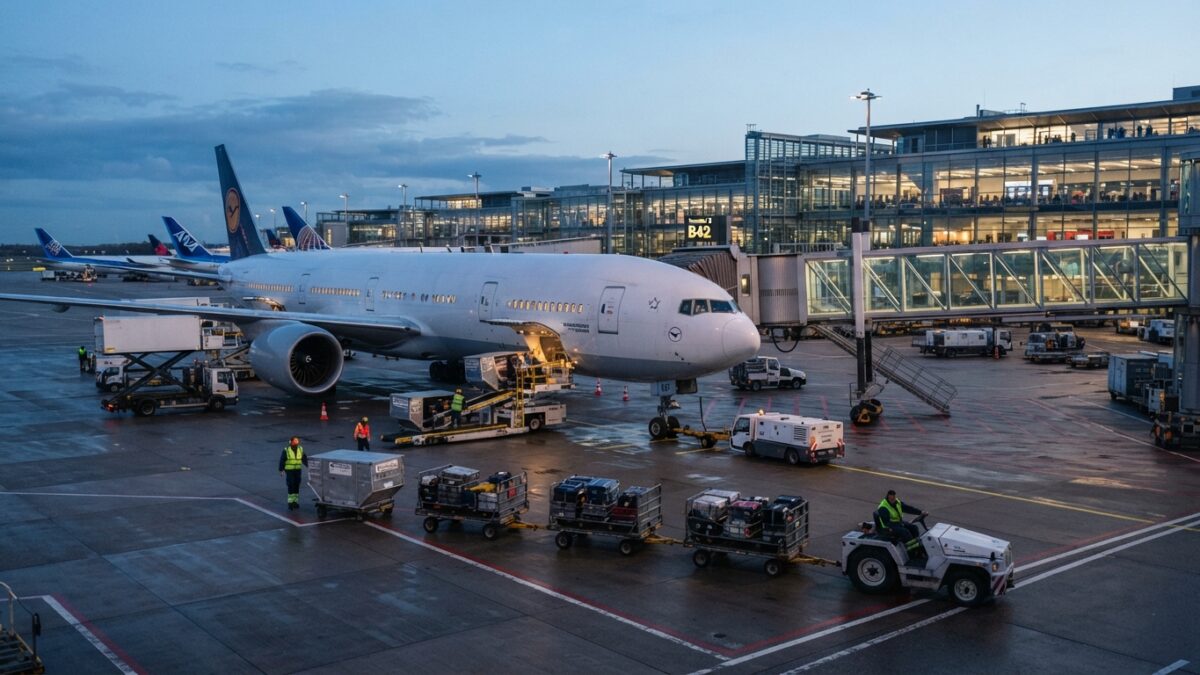 Ground crew workers servicing commercial aircraft at international airport terminal