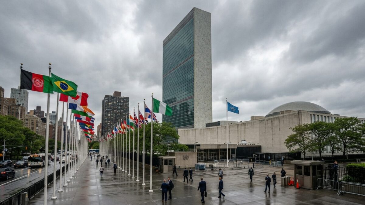 United Nations headquarters building with international flags