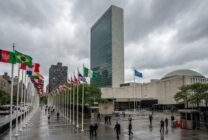 United Nations headquarters building with international flags