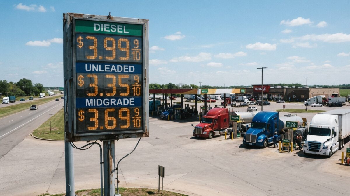 Diesel fuel price display at truck stop with commercial trucks refueling